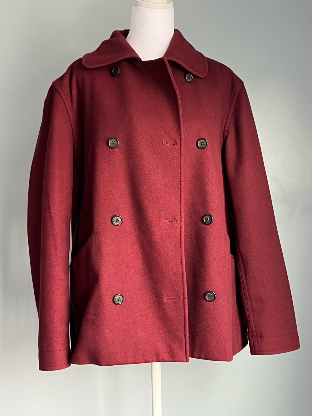 Vintage (circa 2003) J. Crew Burgandy Pea Coat SZ Medium. Fits more like large.